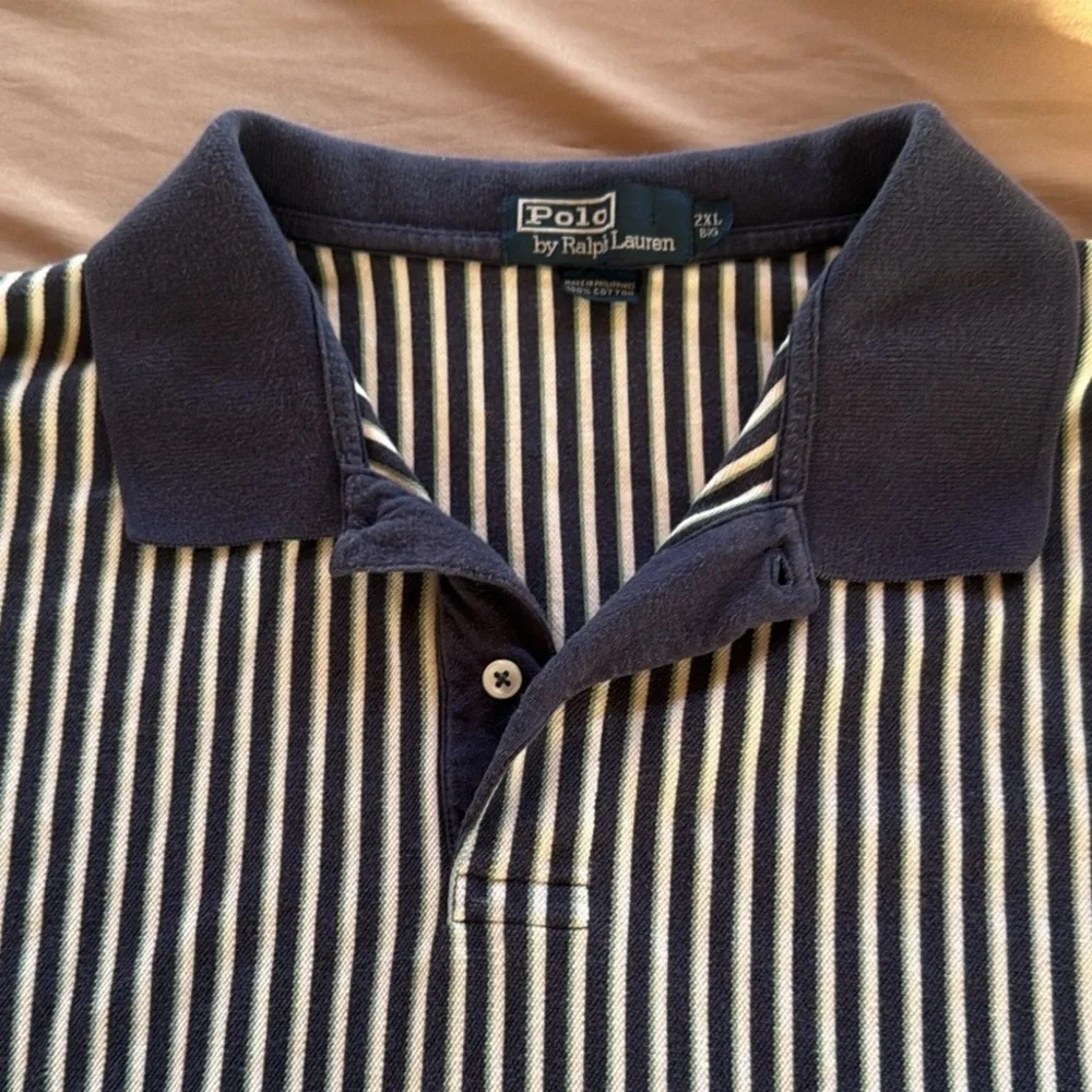 Ralph Lauren Rare Vintage Vertical Stripe Polo Navy Teal & White Stripe 2XL